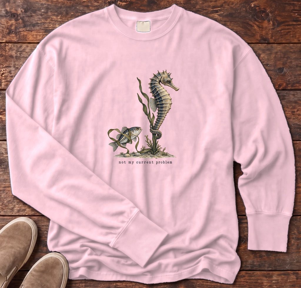 Not My Current Problem Seahorse Long Sleeve Tee Comfort Colors in Blossom, Salty Paws Comfort Colors Long Sleeve Tee, front design flat lay