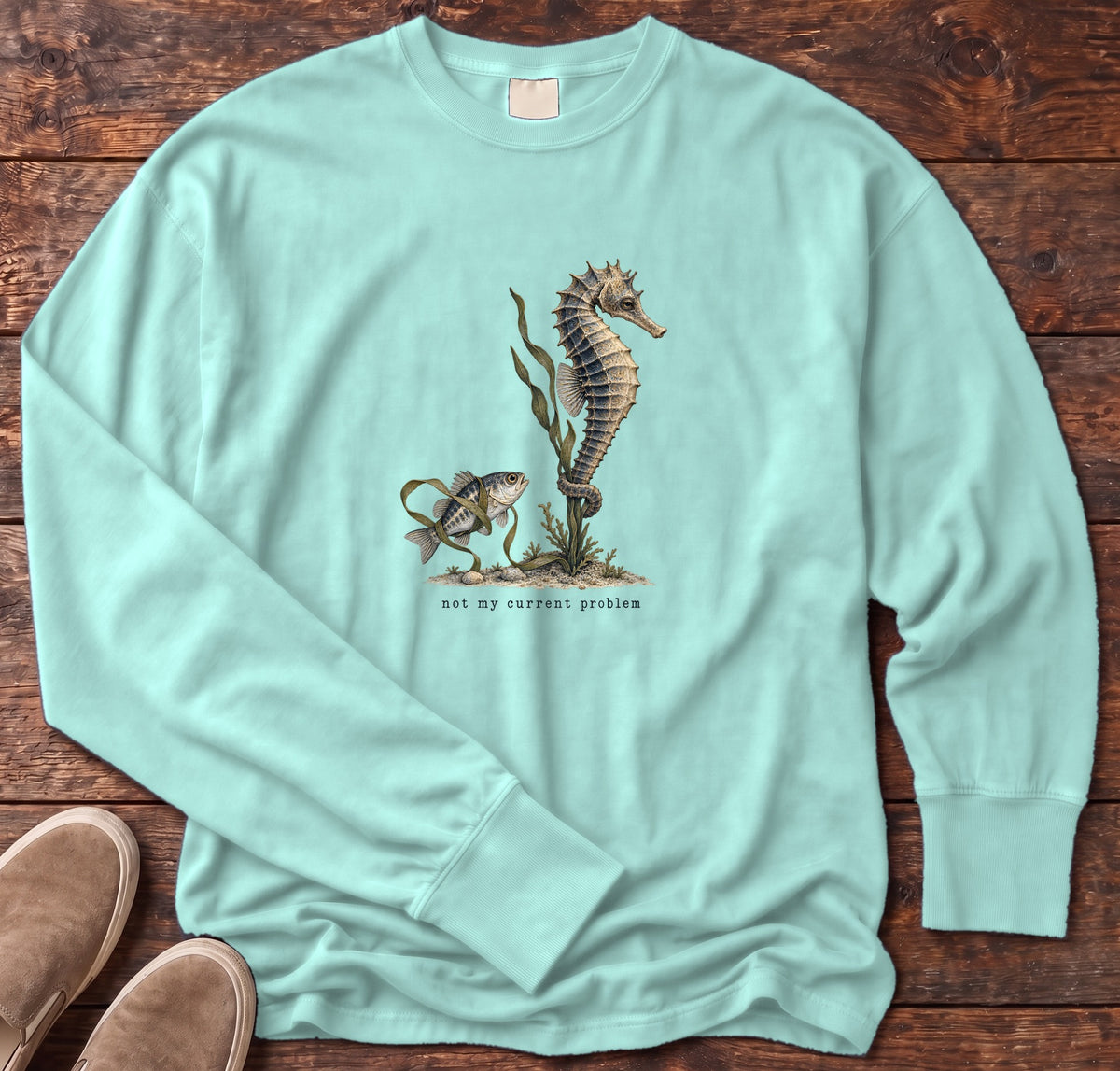 Not My Current Problem Seahorse Long Sleeve Tee Comfort Colors in Chalky Mint, Salty Paws Comfort Colors Long Sleeve Tee, front design flat lay