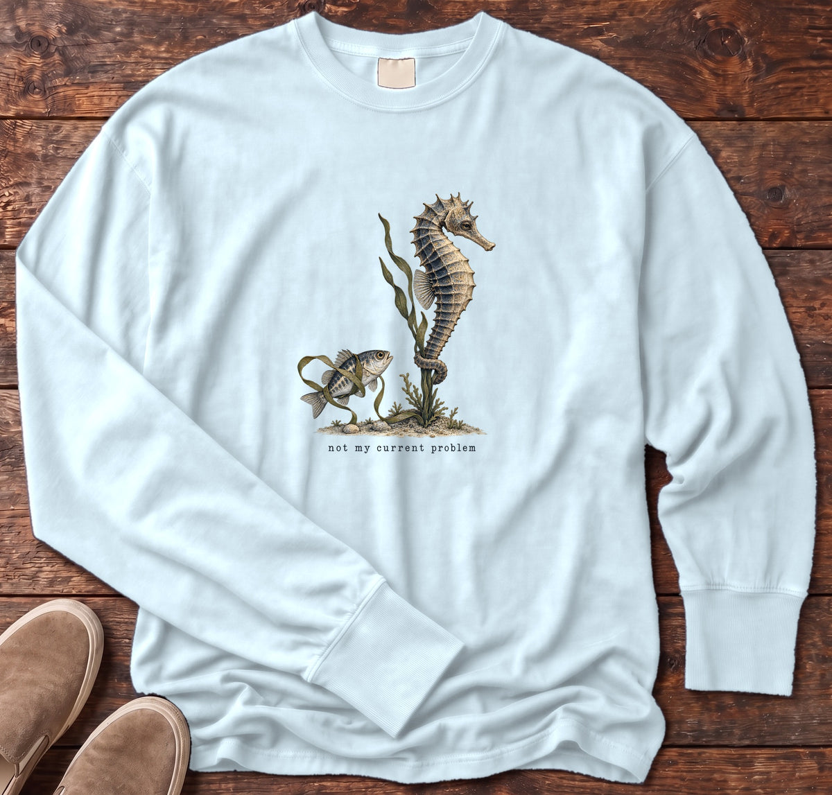 Not My Current Problem Seahorse Long Sleeve Tee Comfort Colors in Chambray, Salty Paws Comfort Colors Long Sleeve Tee, front design flat lay