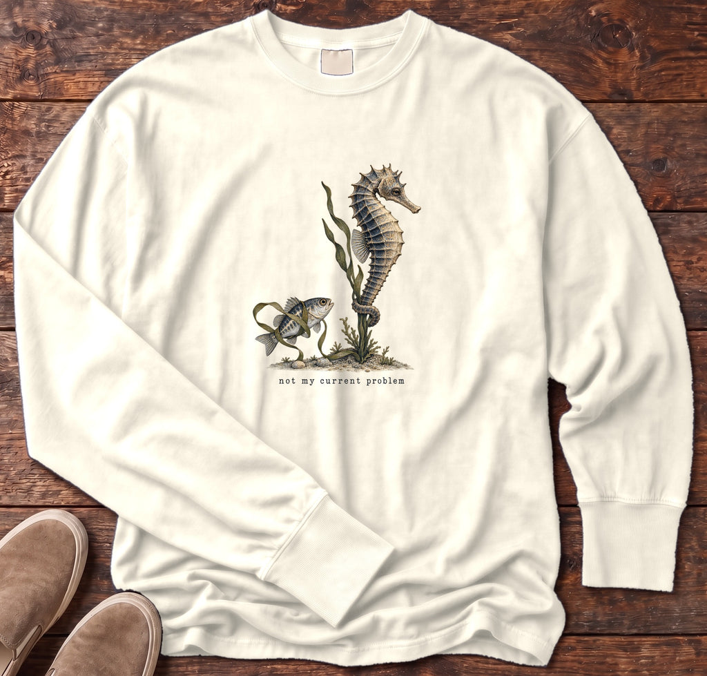 Not My Current Problem Seahorse Long Sleeve Tee Comfort Colors in Ivory, Salty Paws Comfort Colors Long Sleeve Tee, front design flat lay