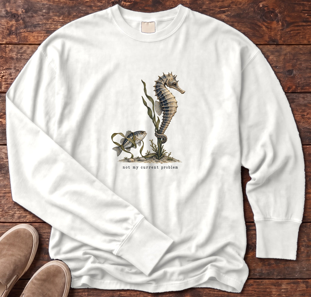 Not My Current Problem Seahorse Long Sleeve Tee Comfort Colors in White, Salty Paws Comfort Colors Long Sleeve Tee, front design flat lay