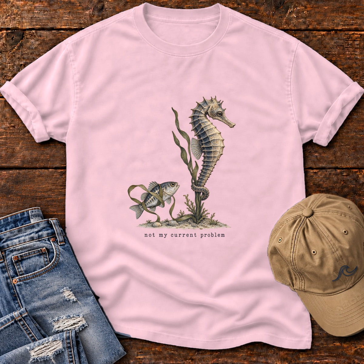 Not My Current Problem Seahorse T-Shirt Comfort Colors in Blossom, Salty Paws Comfort Colors T-Shirt, front design flat lay