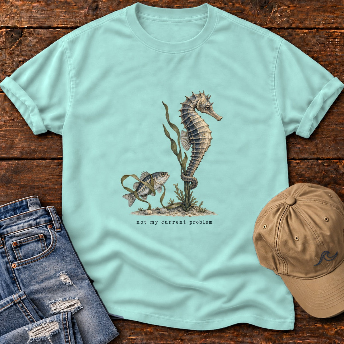 Not My Current Problem Seahorse T-Shirt Comfort Colors in Chalky Mint, Salty Paws Comfort Colors T-Shirt, front design flat lay
