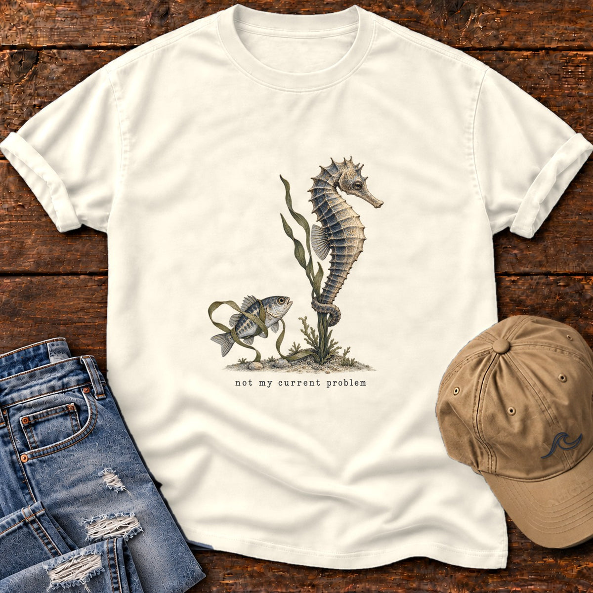 Not My Current Problem Seahorse T-Shirt Comfort Colors in Ivory, Salty Paws Comfort Colors T-Shirt, front design flat lay