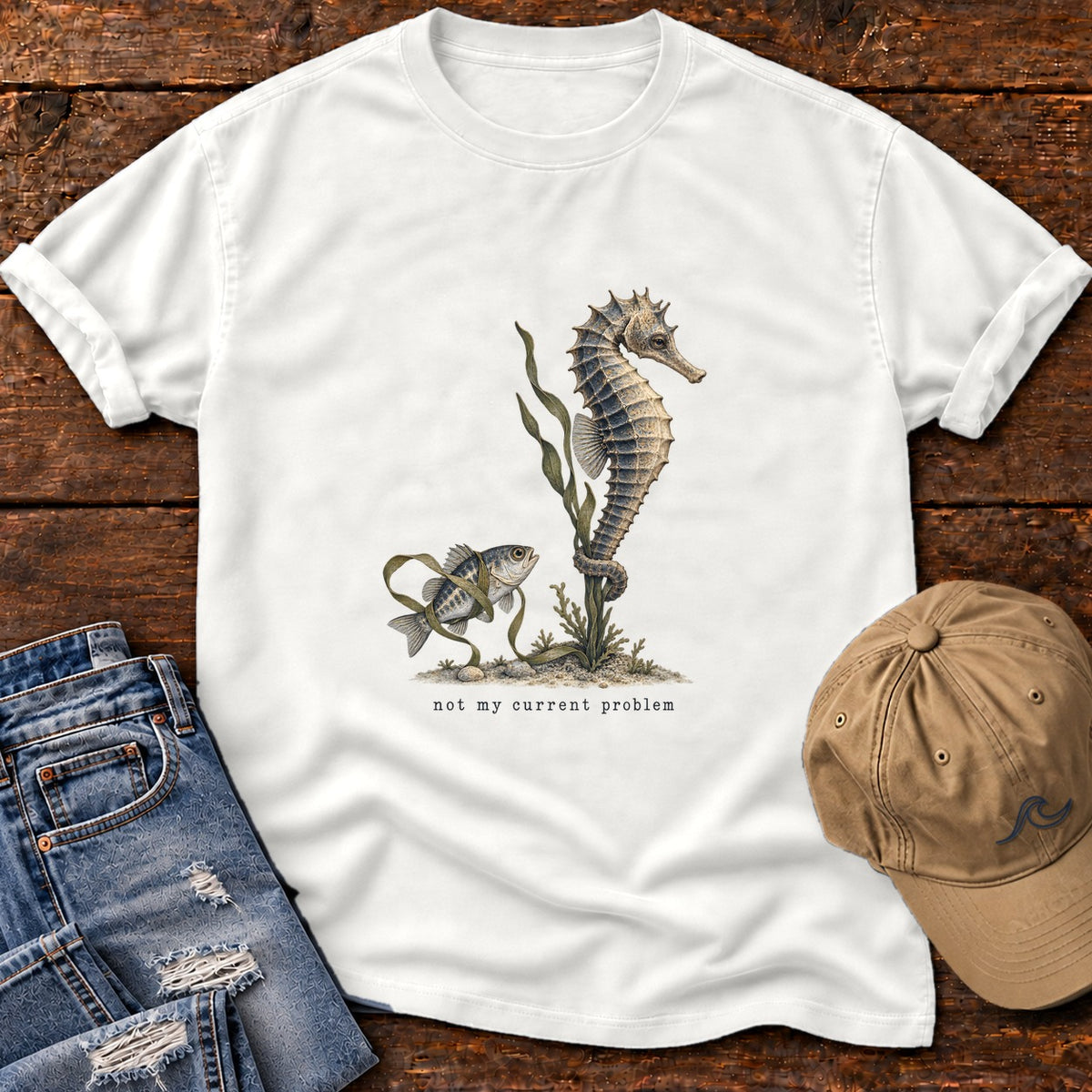 Not My Current Problem Seahorse T-Shirt Comfort Colors in White, Salty Paws Comfort Colors T-Shirt, front design flat lay