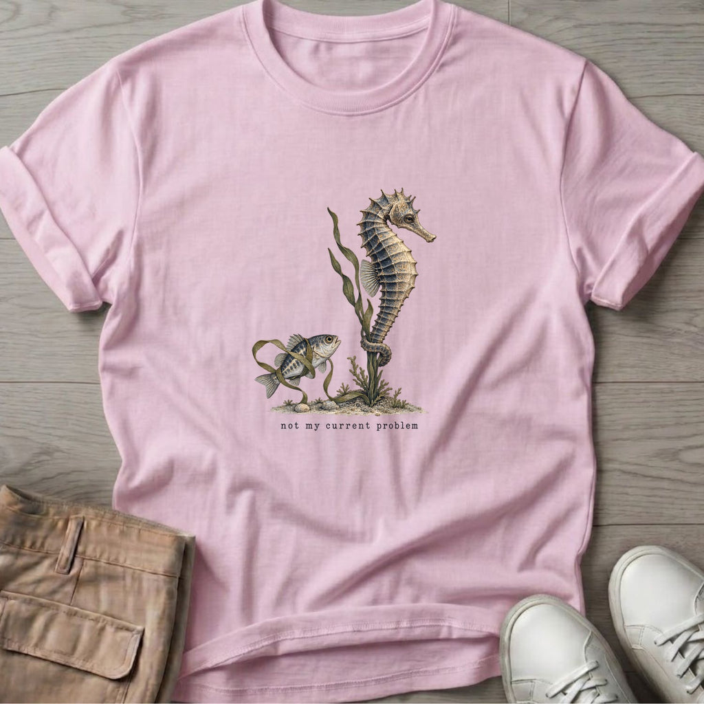 Not My Current Problem Seahorse T-Shirt in Light Pink, Salty Paws Soft Style T-Shirt, front design flat lay