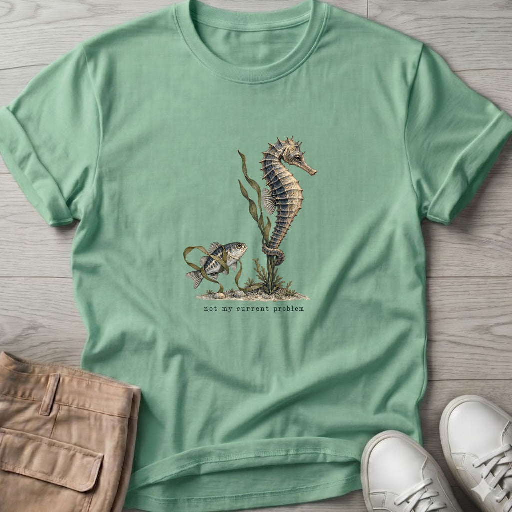 Not My Current Problem Seahorse T-Shirt in Mint Green, Salty Paws Soft Style T-Shirt, front design flat lay