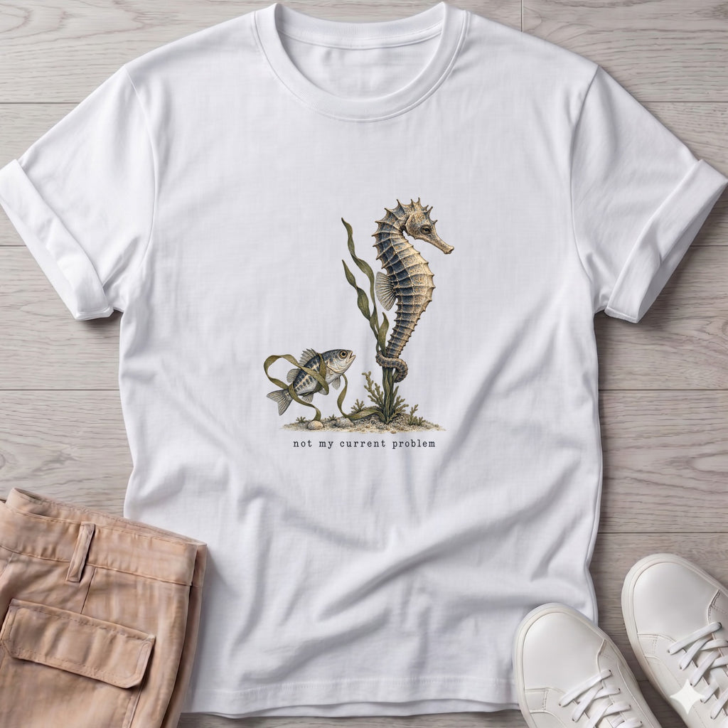 Not My Current Problem Seahorse T-Shirt in White, Salty Paws Soft Style T-Shirt, front design flat lay