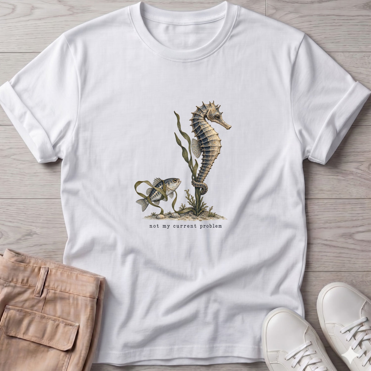 Not My Current Problem Seahorse T-Shirt in White, Salty Paws Soft Style T-Shirt, front design flat lay