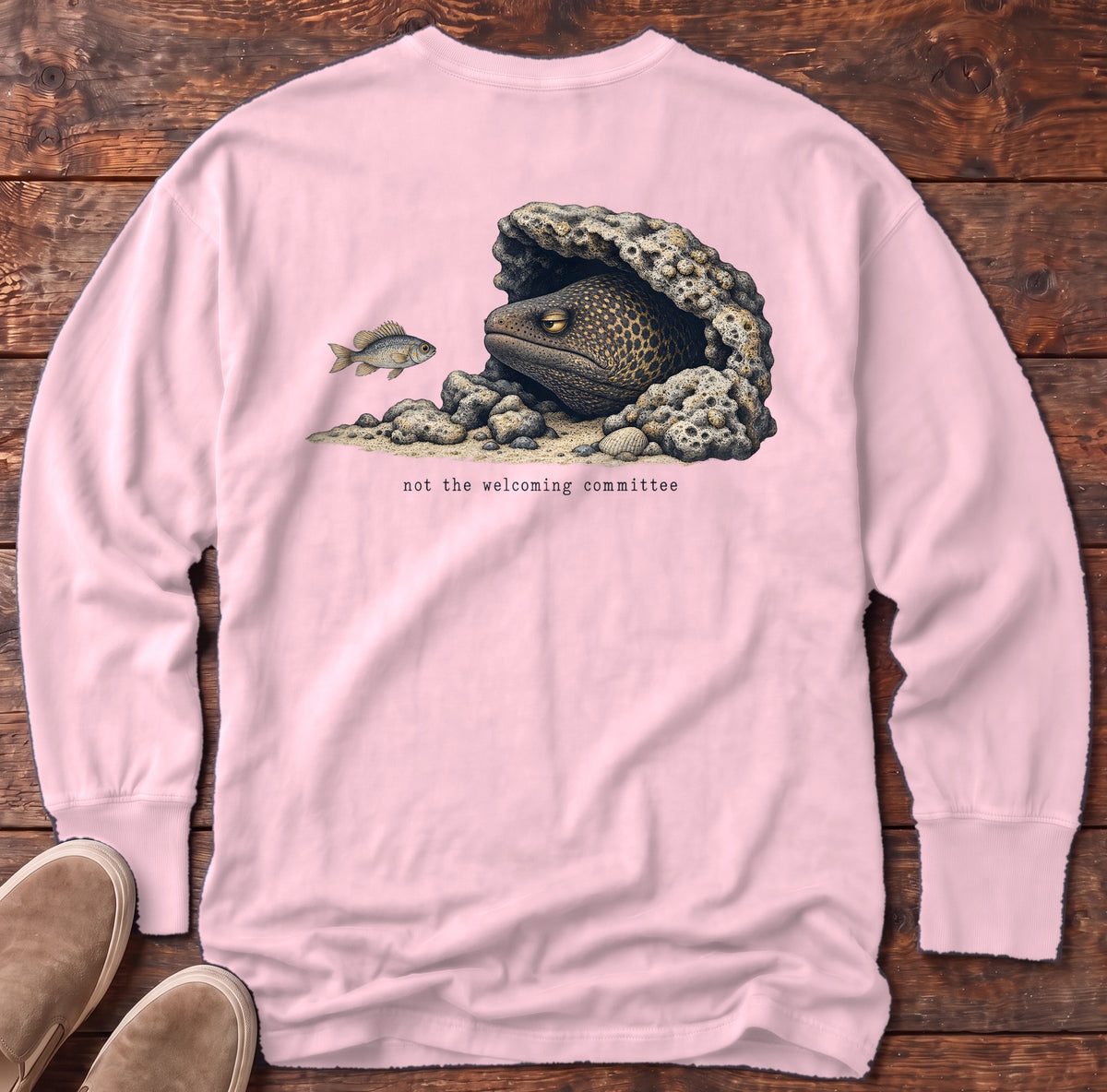 Not the Welcoming Committee Moray Eel Back Design Long Sleeve Tee Comfort Colors in Blossom, Salty Paws Comfort Colors Long Sleeve Tee, back design flat lay