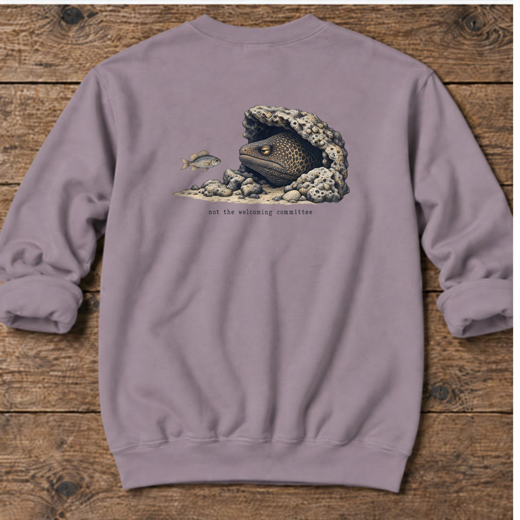 Not the Welcoming Committee Moray Eel Back Design Midweight Sweatshirt in Paragon, Salty Paws Midweight Sweatshirt, back design flat lay