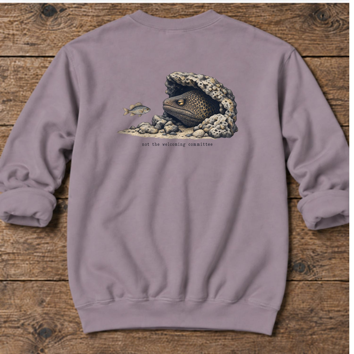 Not the Welcoming Committee Moray Eel Back Design Midweight Sweatshirt in Paragon, Salty Paws Midweight Sweatshirt, back design flat lay