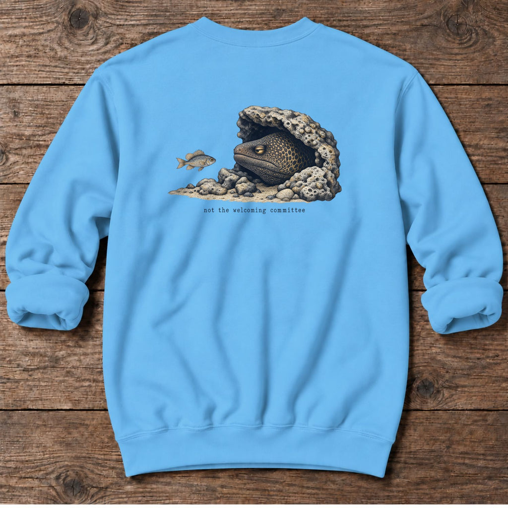 Not the Welcoming Committee Moray Eel Back Design Midweight Sweatshirt in Sky, Salty Paws Midweight Sweatshirt, back design flat lay