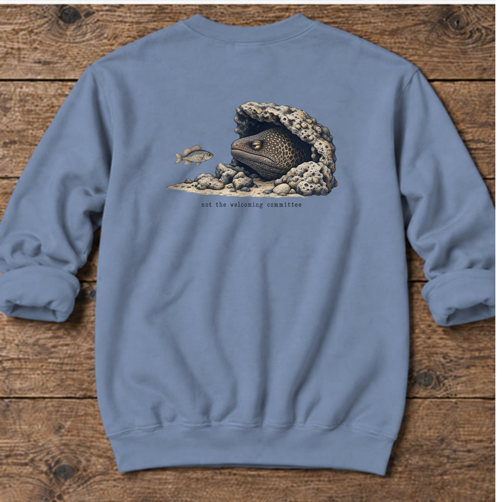 Not the Welcoming Committee Moray Eel Back Design Midweight Sweatshirt in Stone Blue, Salty Paws Midweight Sweatshirt, back design flat lay