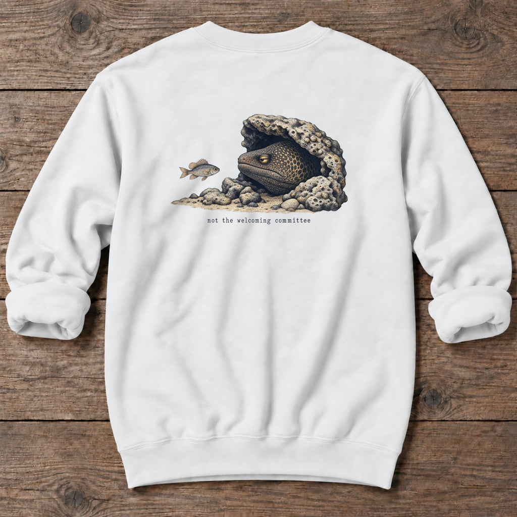 Not the Welcoming Committee Moray Eel Back Design Midweight Sweatshirt in White, Salty Paws Midweight Sweatshirt, back design flat lay