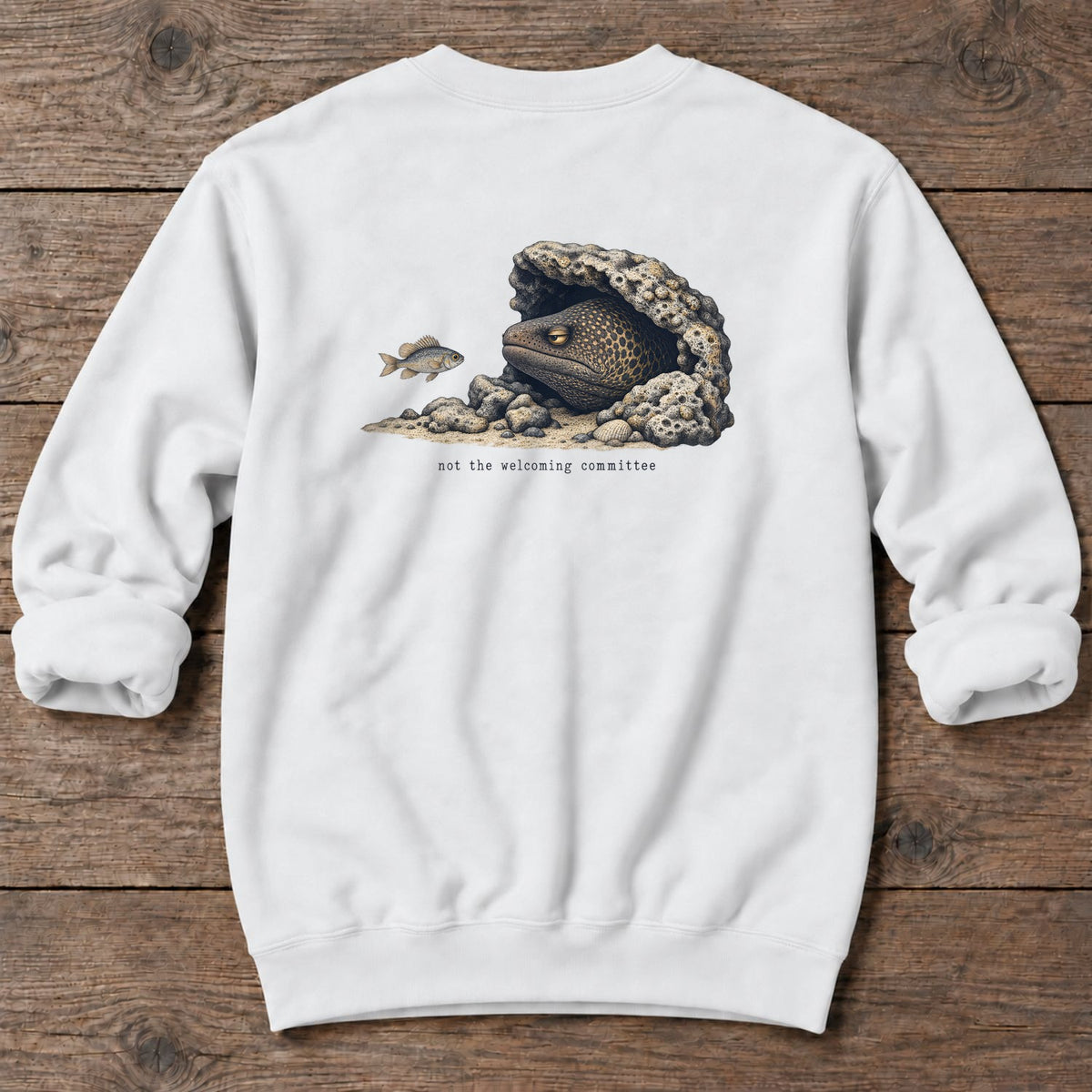 Not the Welcoming Committee Moray Eel Back Design Midweight Sweatshirt in White, Salty Paws Midweight Sweatshirt, back design flat lay