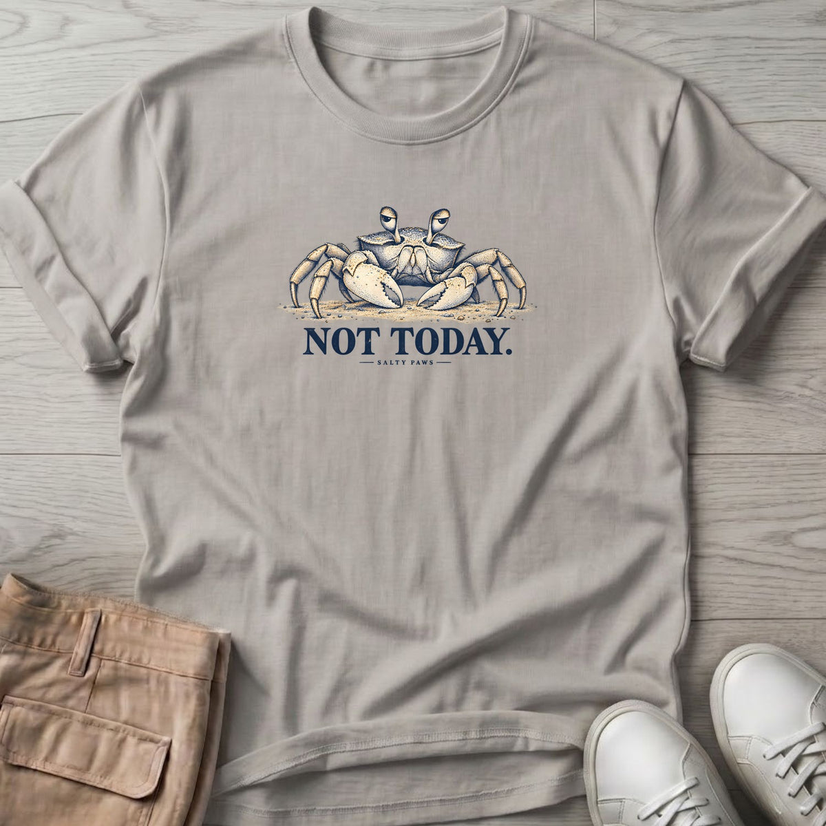 Not Today Crab T-Shirt in Ice Grey, Salty Paws Soft Style T-Shirt, front design flat lay