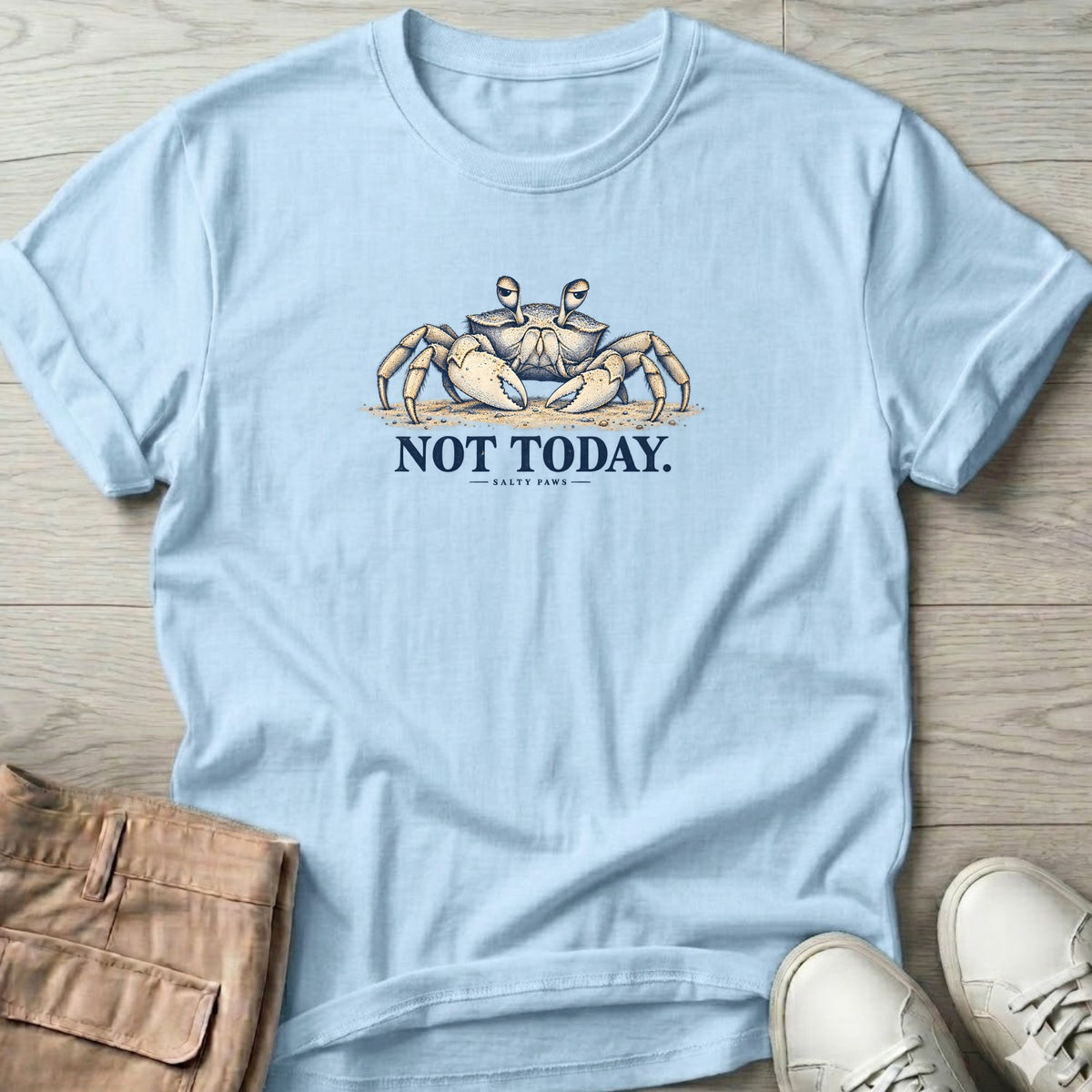 Not Today Crab T-Shirt in Light Blue, Salty Paws Soft Style T-Shirt, front design flat lay