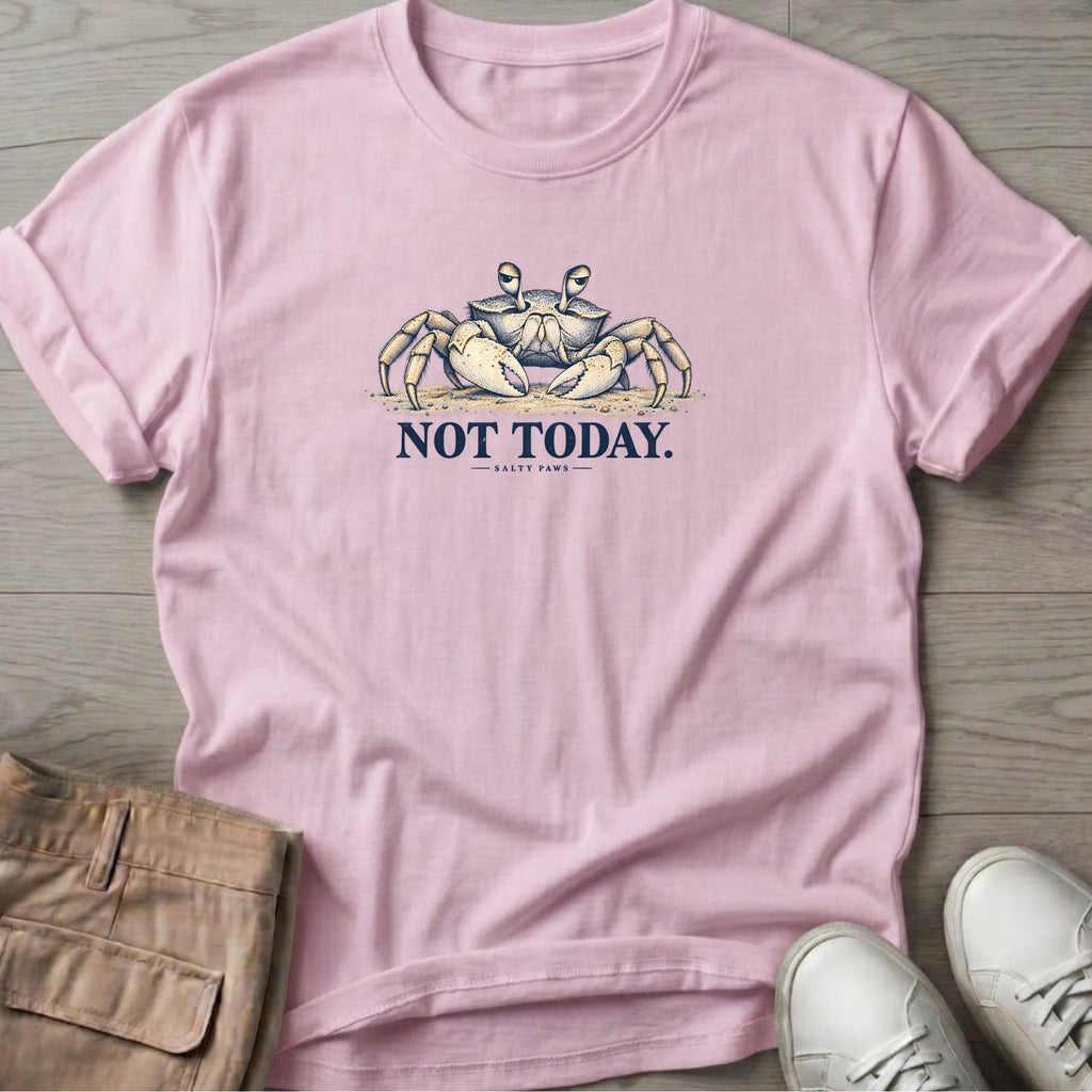 Not Today Crab T-Shirt in Light Pink, Salty Paws Soft Style T-Shirt, front design flat lay