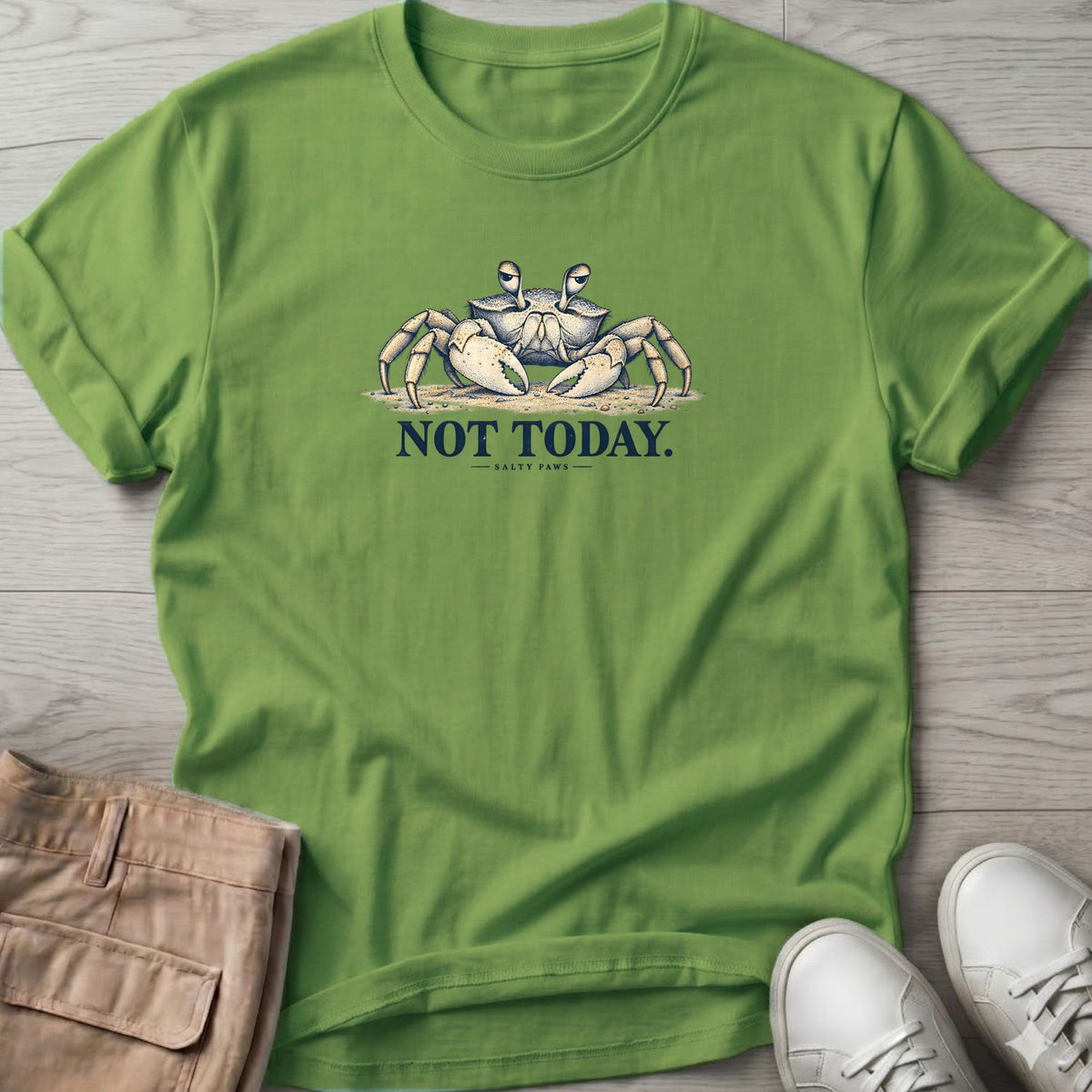 Not Today Crab T-Shirt in Lime, Salty Paws Soft Style T-Shirt, front design flat lay