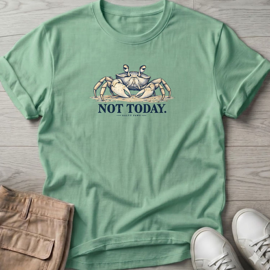 Not Today Crab T-Shirt in Mint Green, Salty Paws Soft Style T-Shirt, front design flat lay