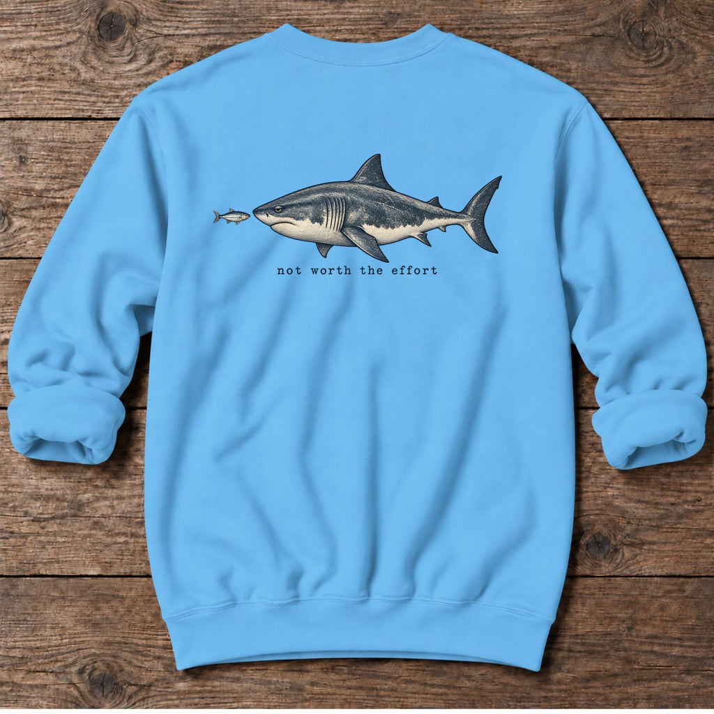 Not Worth the Effort Shark Back Design Midweight Sweatshirt in Sky, Salty Paws Midweight Sweatshirt, back design flat lay