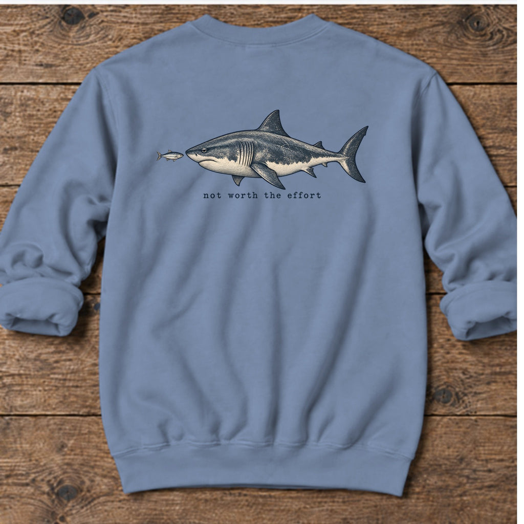 Not Worth the Effort Shark Back Design Midweight Sweatshirt in Stone Blue, Salty Paws Midweight Sweatshirt, back design flat lay
