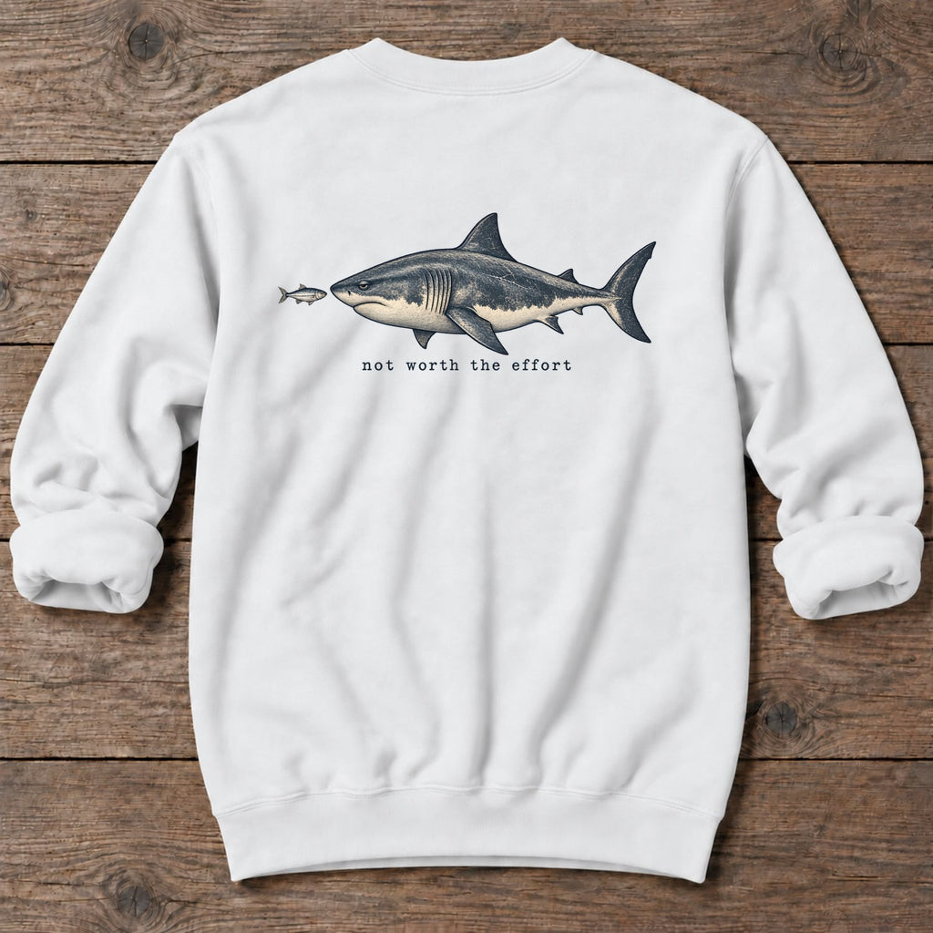 Not Worth the Effort Shark Back Design Midweight Sweatshirt in White, Salty Paws Midweight Sweatshirt, back design flat lay
