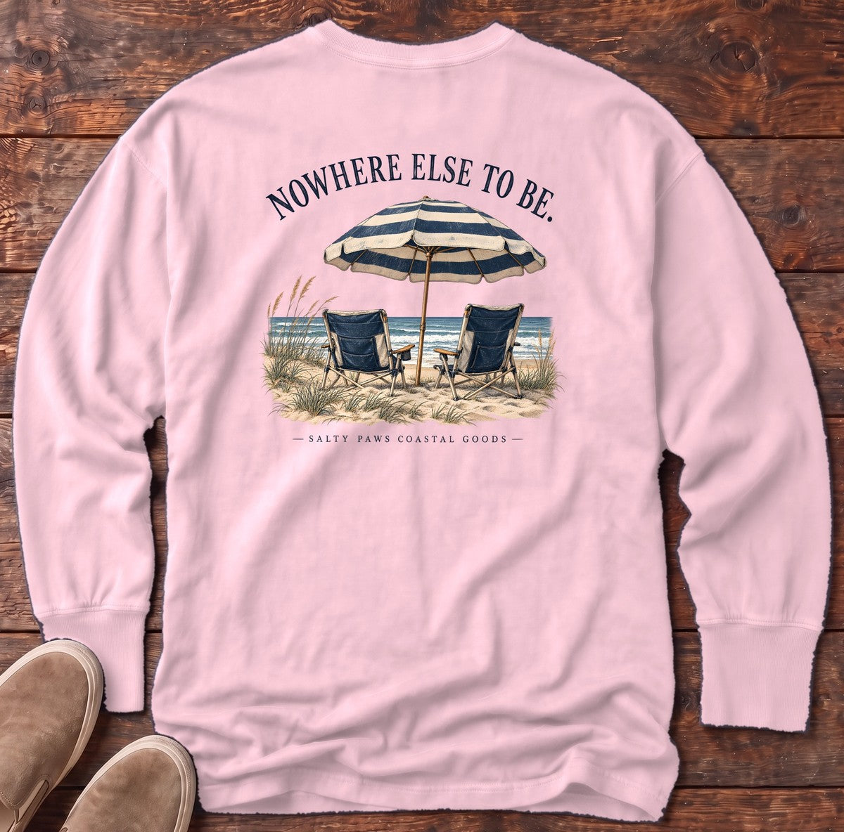 Nowhere Else to Be Beach Chairs Salty Paws Coastal Goods Back Design Long Sleeve Tee in Blossom, Salty Paws Comfort Colors Long Sleeve Tee, back design flat lay