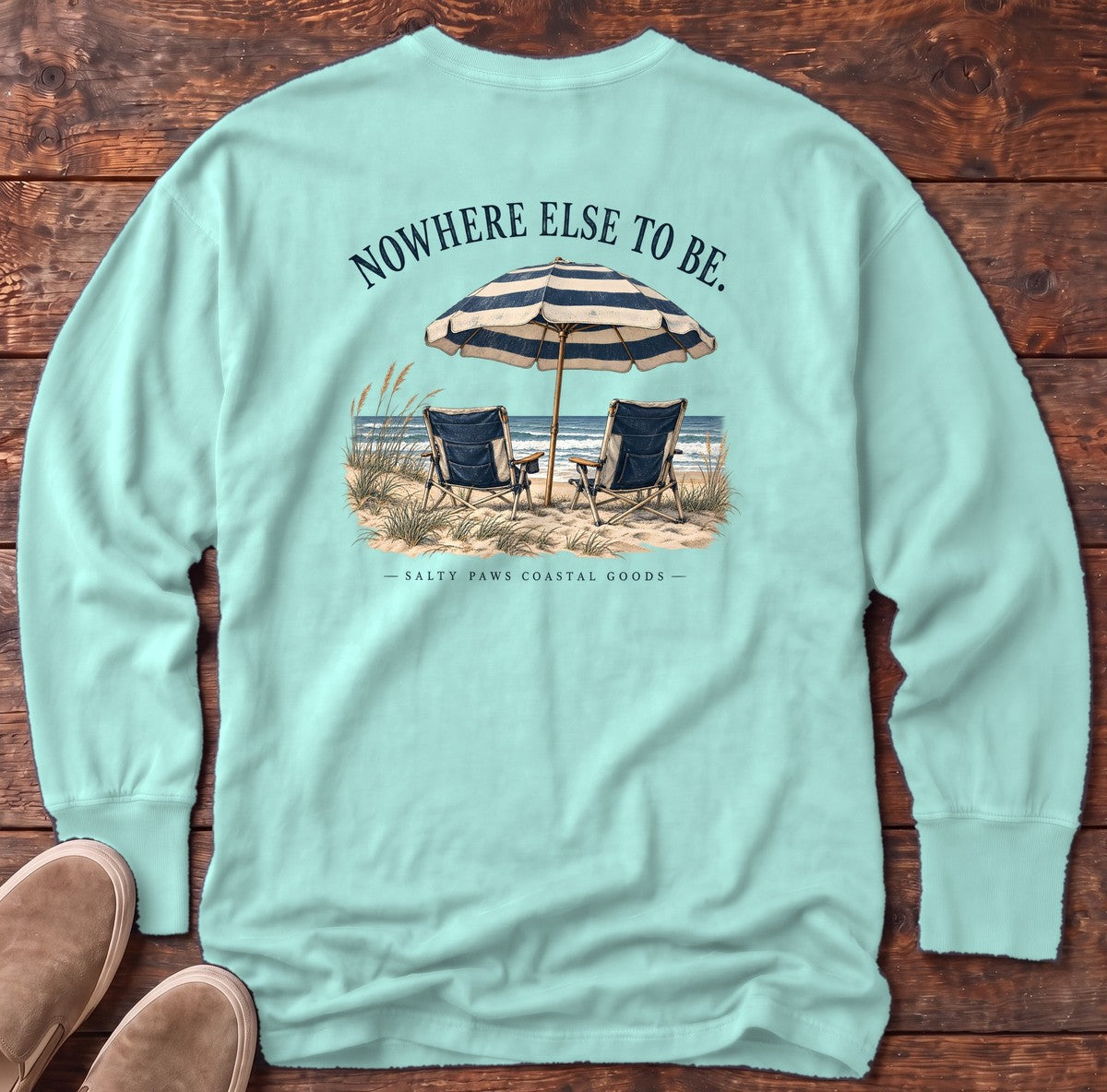 Nowhere Else to Be Beach Chairs Salty Paws Coastal Goods Back Design Long Sleeve Tee in Chalky Mint, Salty Paws Comfort Colors Long Sleeve Tee, back design flat lay