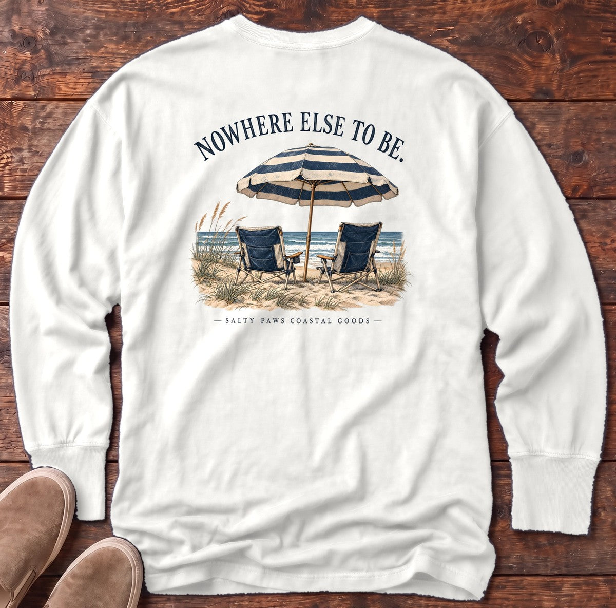 Nowhere Else to Be Beach Chairs Salty Paws Coastal Goods Back Design Long Sleeve Tee in White, Salty Paws Comfort Colors Long Sleeve Tee, back design flat lay
