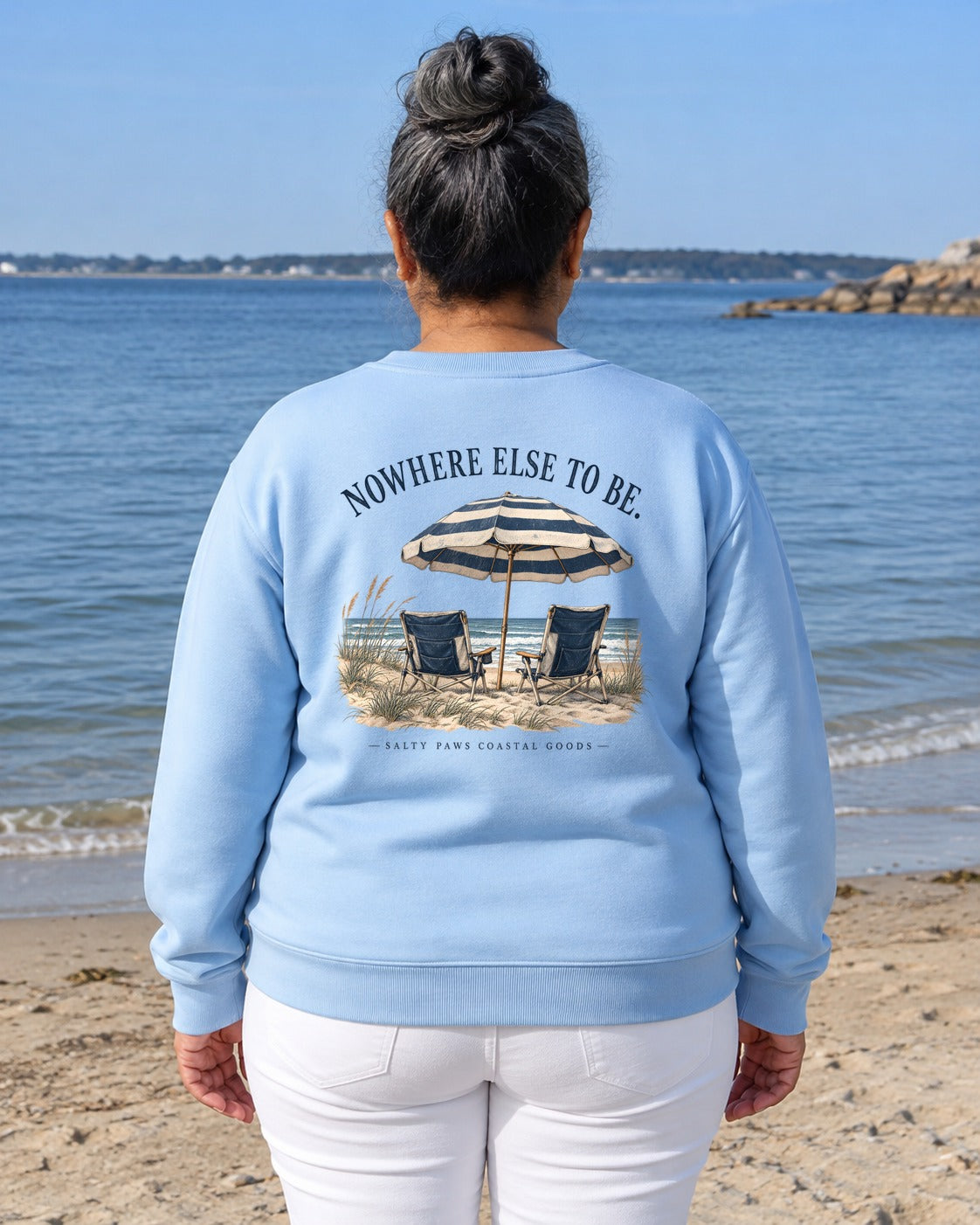 Nowhere Else to Be Beach Chairs Salty Paws Coastal Goods Back Design Midweight Sweatshirt in Sky, worn by a model, Salty Paws back design