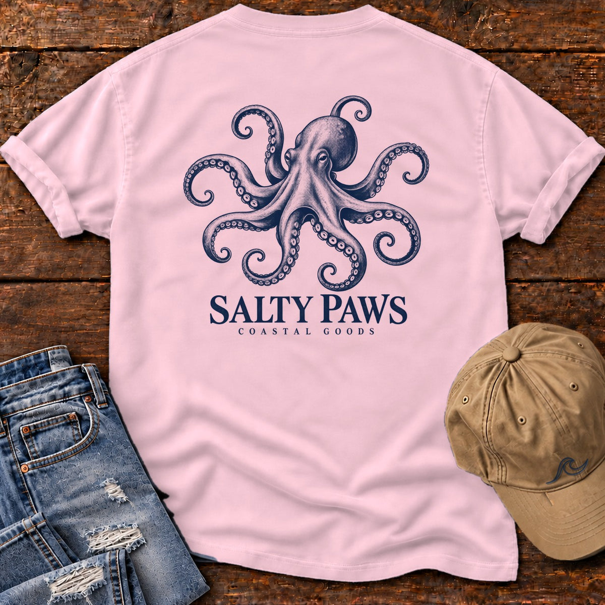 Octopus Coastal Goods Back Design T-Shirt in Blossom, Salty Paws Comfort Colors T-Shirt, back design flat lay