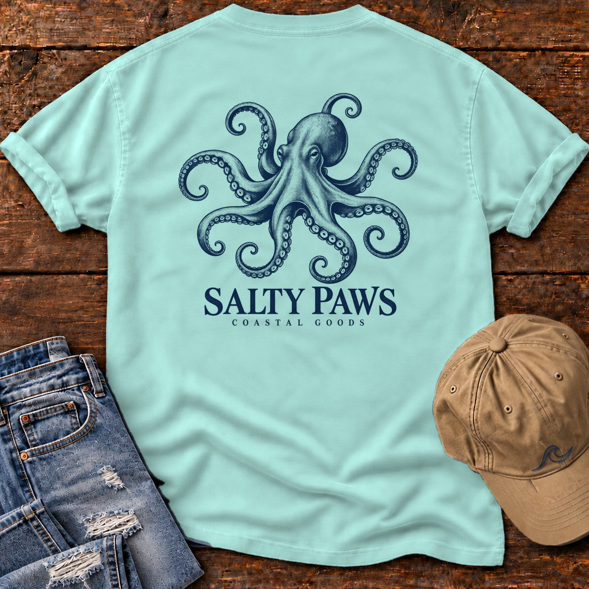 Octopus Coastal Goods Back Design T-Shirt in Chalky Mint, Salty Paws Comfort Colors T-Shirt, back design flat lay