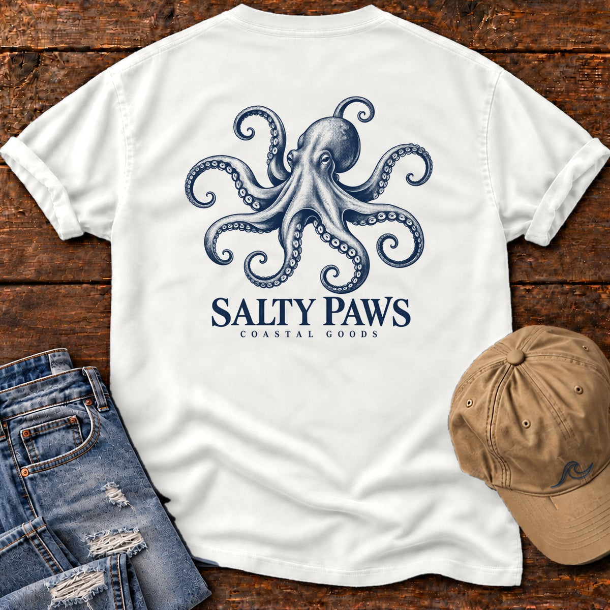 Octopus Coastal Goods Back Design T-Shirt in White, Salty Paws Comfort Colors T-Shirt, back design flat lay