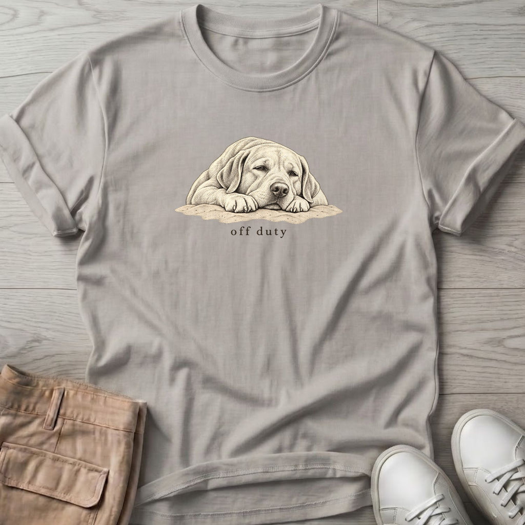 Off Duty Labrador T-Shirt in Ice Grey, Salty Paws Soft Style T-Shirt, front design flat lay