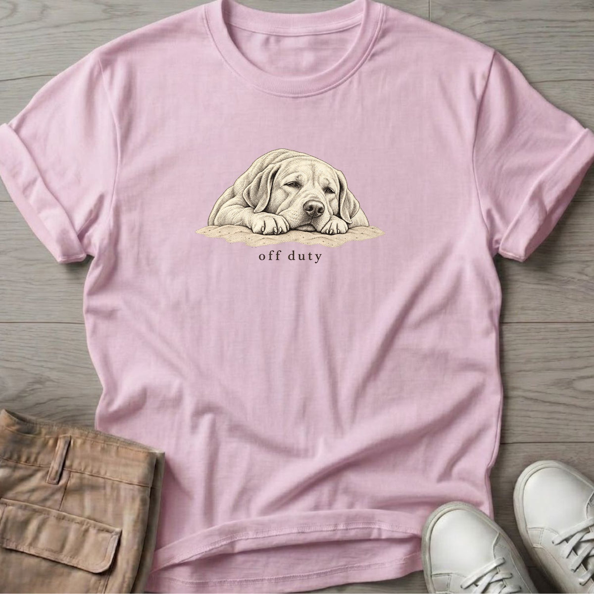 Off Duty Labrador T-Shirt in Light Pink, Salty Paws Soft Style T-Shirt, front design flat lay