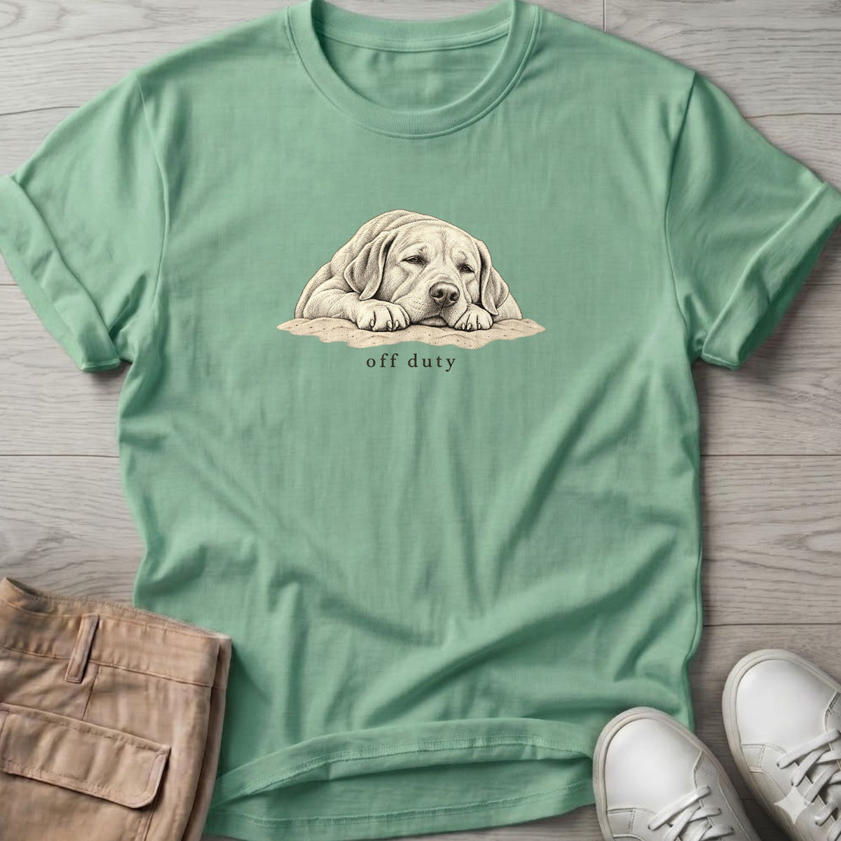 Off Duty Labrador T-Shirt in Mint Green, Salty Paws Soft Style T-Shirt, front design flat lay