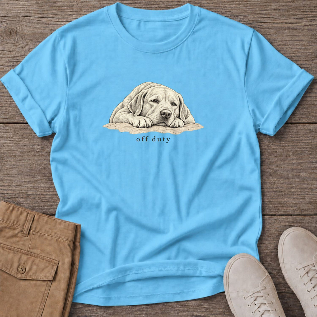 Off Duty Labrador T-Shirt in Sky, Salty Paws Soft Style T-Shirt, front design flat lay