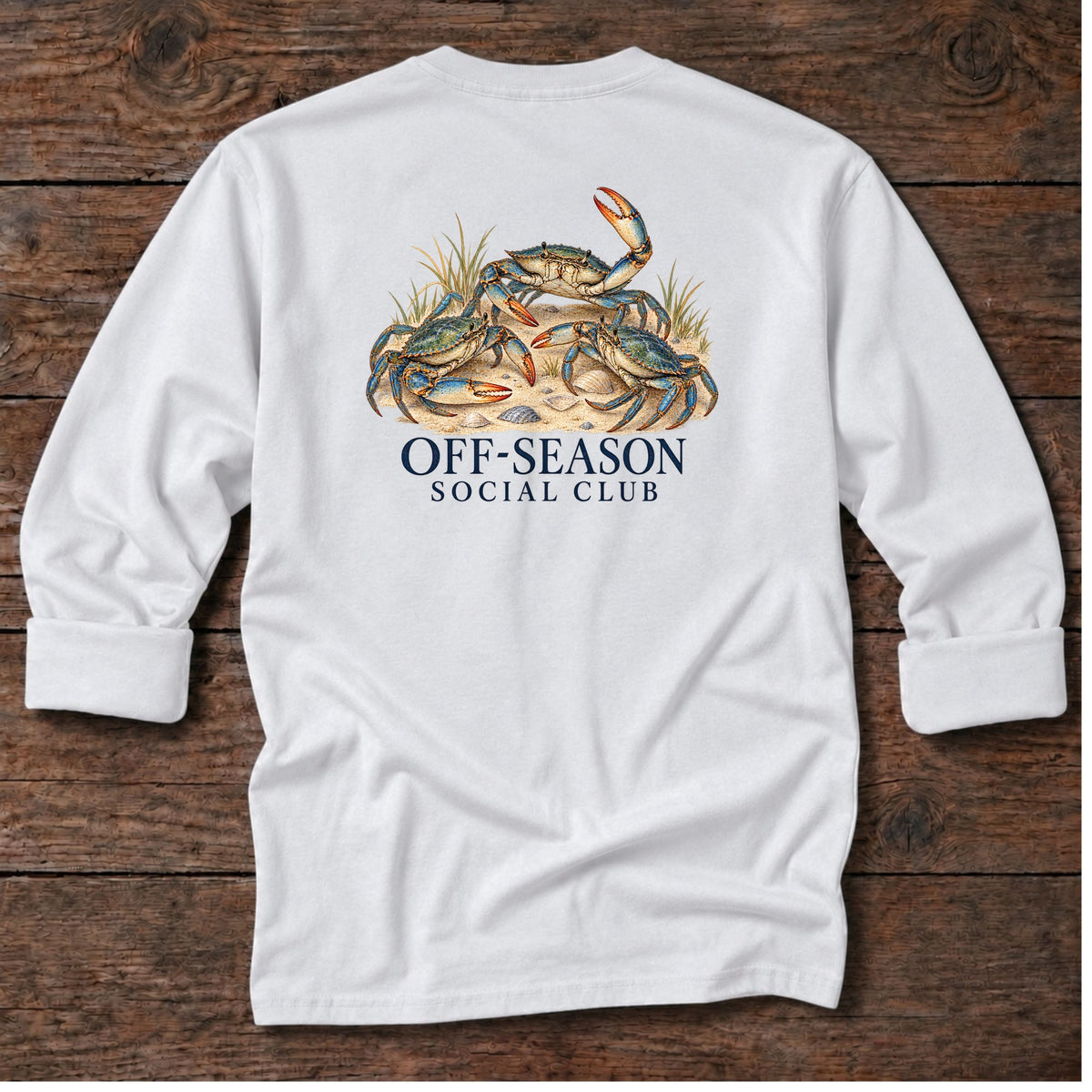 Off-Season Social Club Blue Crabs Back Design Long T-Shirt in White, Salty Paws coastal long sleeve tee