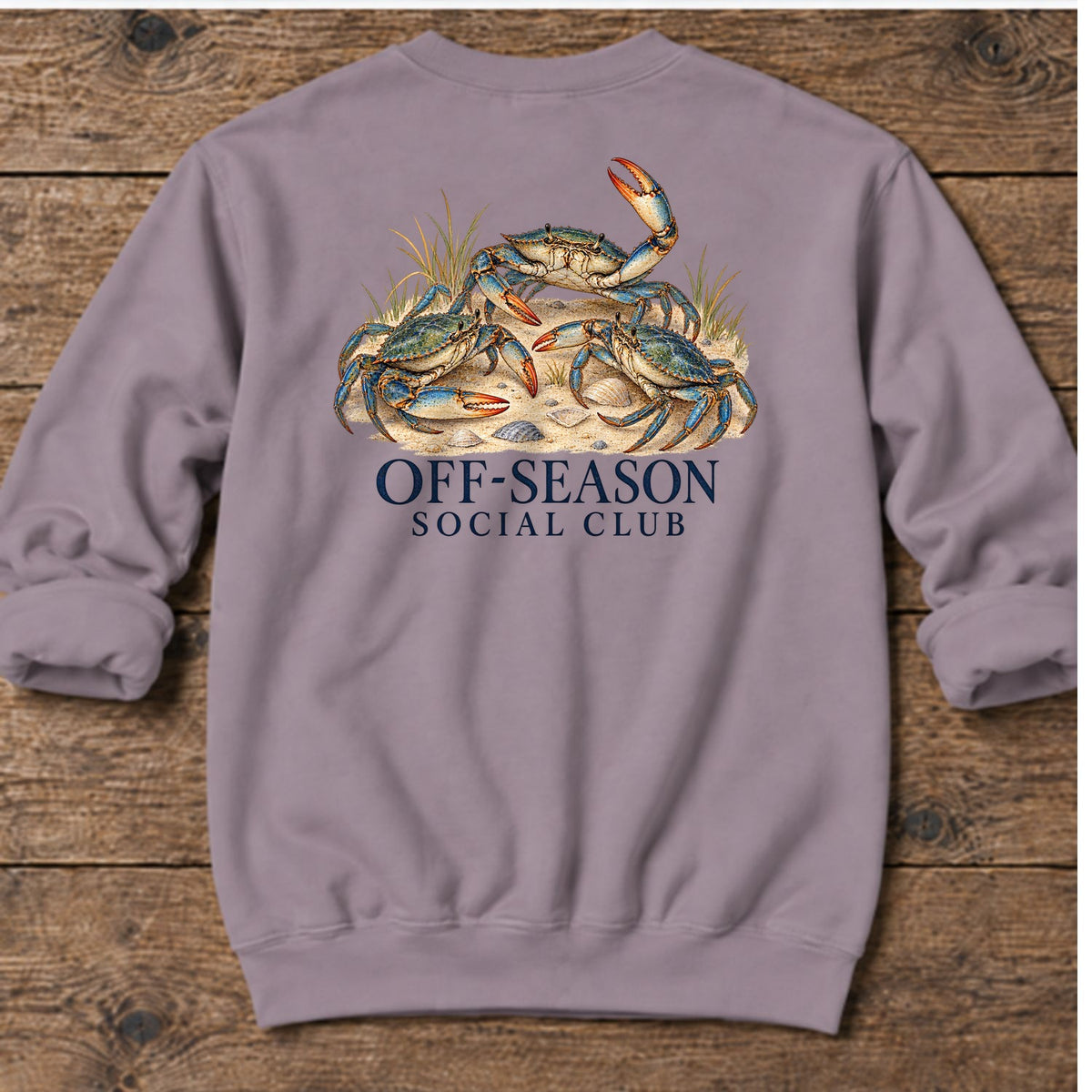 Off-Season Social Club Blue Crabs Back Design Midweight Sweatshirt in Paragon, Salty Paws coastal sweatshirt