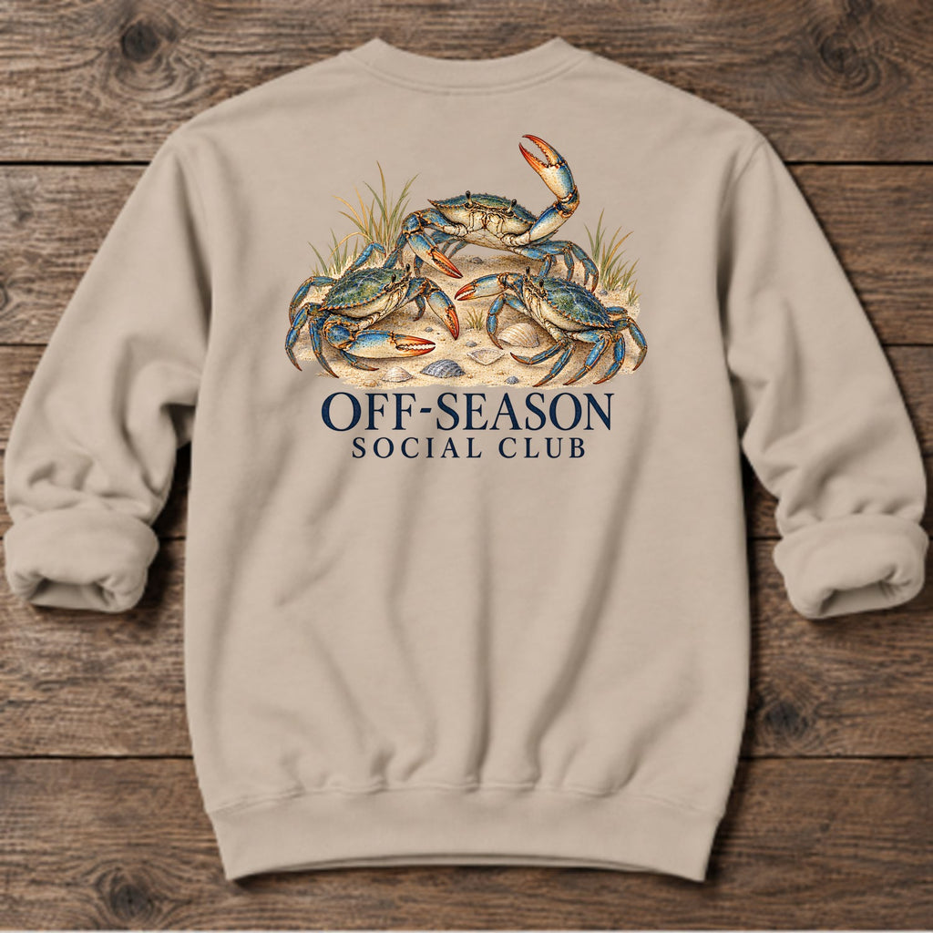 Off-Season Social Club Blue Crabs Back Design Midweight Sweatshirt in Sand, Salty Paws coastal sweatshirt