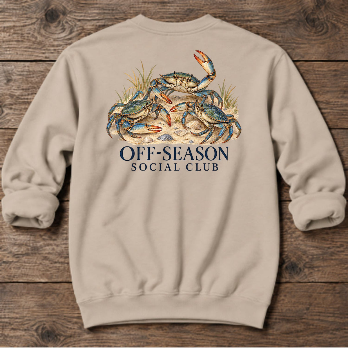 Off-Season Social Club Blue Crabs Back Design Midweight Sweatshirt in Sand, Salty Paws coastal sweatshirt