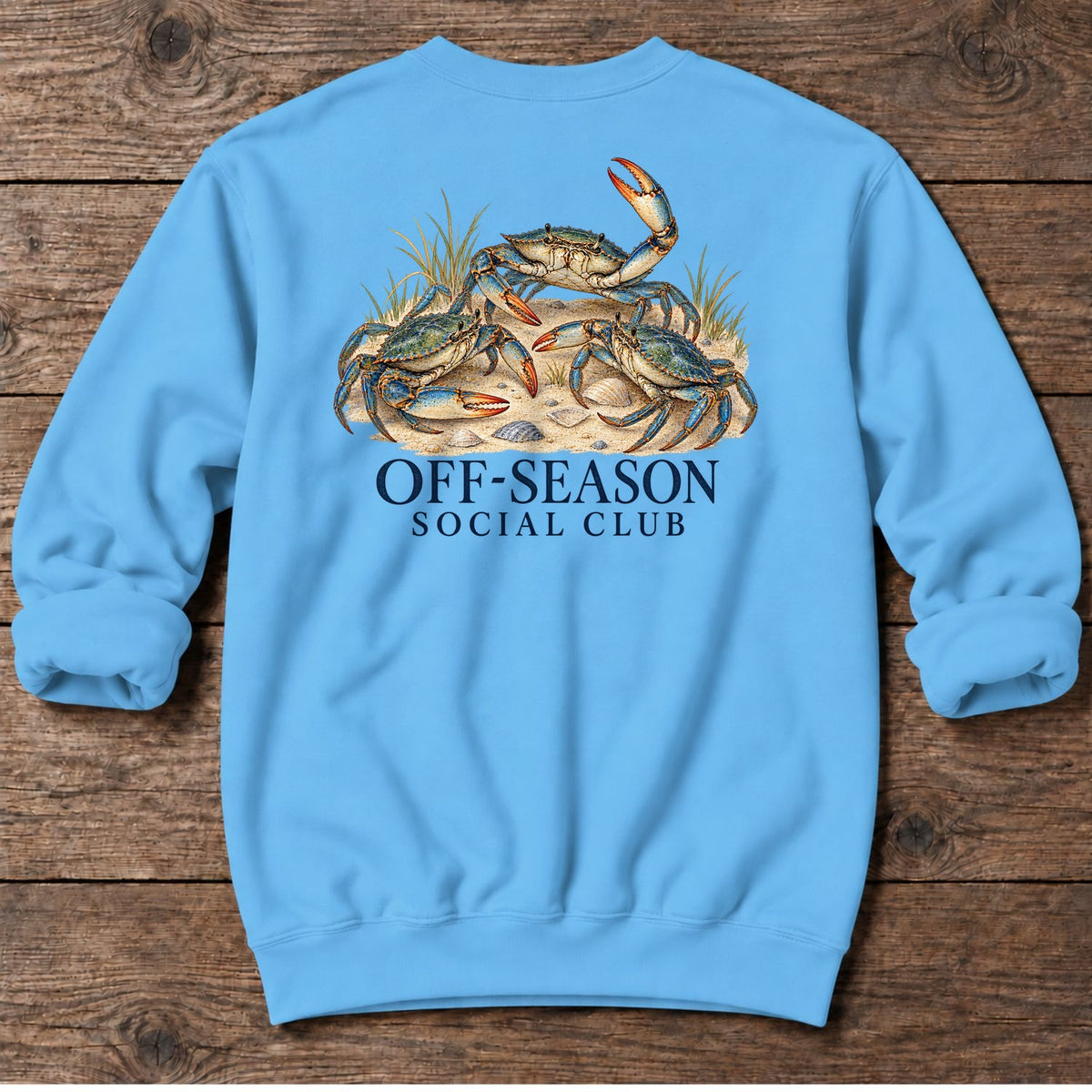 Off-Season Social Club Blue Crabs Back Design Midweight Sweatshirt in Sky, Salty Paws coastal sweatshirt