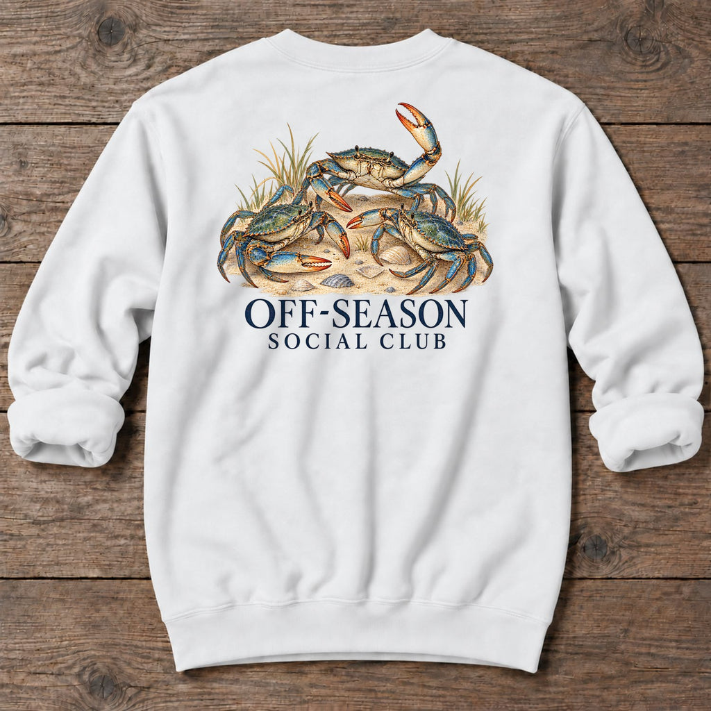 Off-Season Social Club Blue Crabs Back Design Midweight Sweatshirt in White, Salty Paws coastal sweatshirt