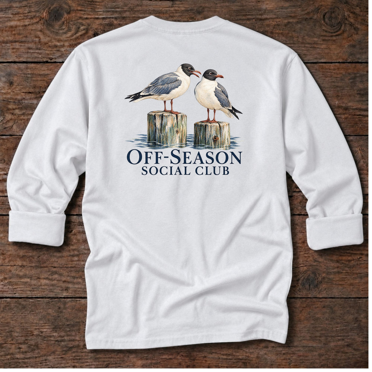 Off-Season Social Club Gulls Back Design Long T-Shirt in White, Salty Paws coastal long sleeve tee