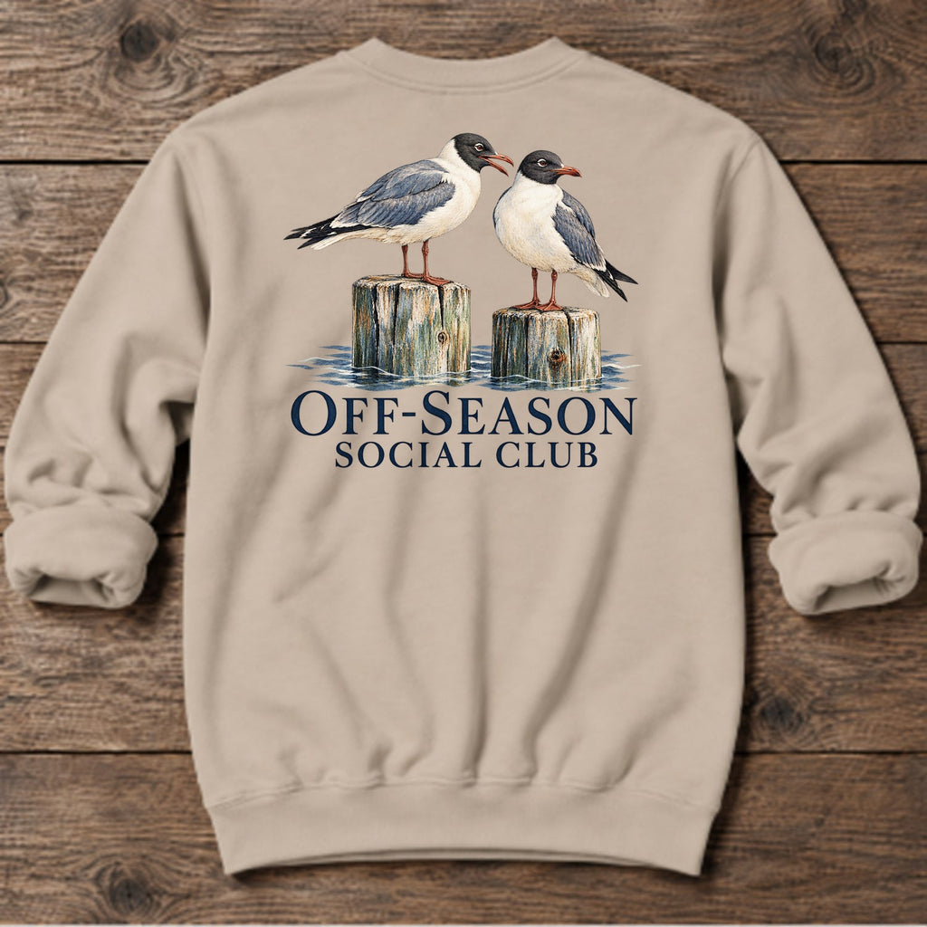 Off-Season Social Club Gulls Back Design Midweight Sweatshirt in Sand, Salty Paws coastal sweatshirt
