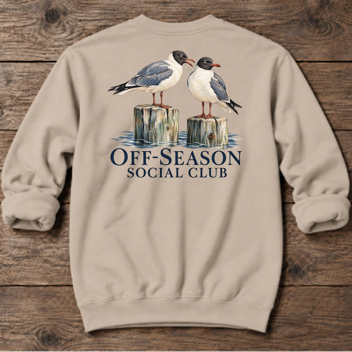 Off-Season Social Club Gulls Back Design Midweight Sweatshirt in Sand, Salty Paws coastal sweatshirt