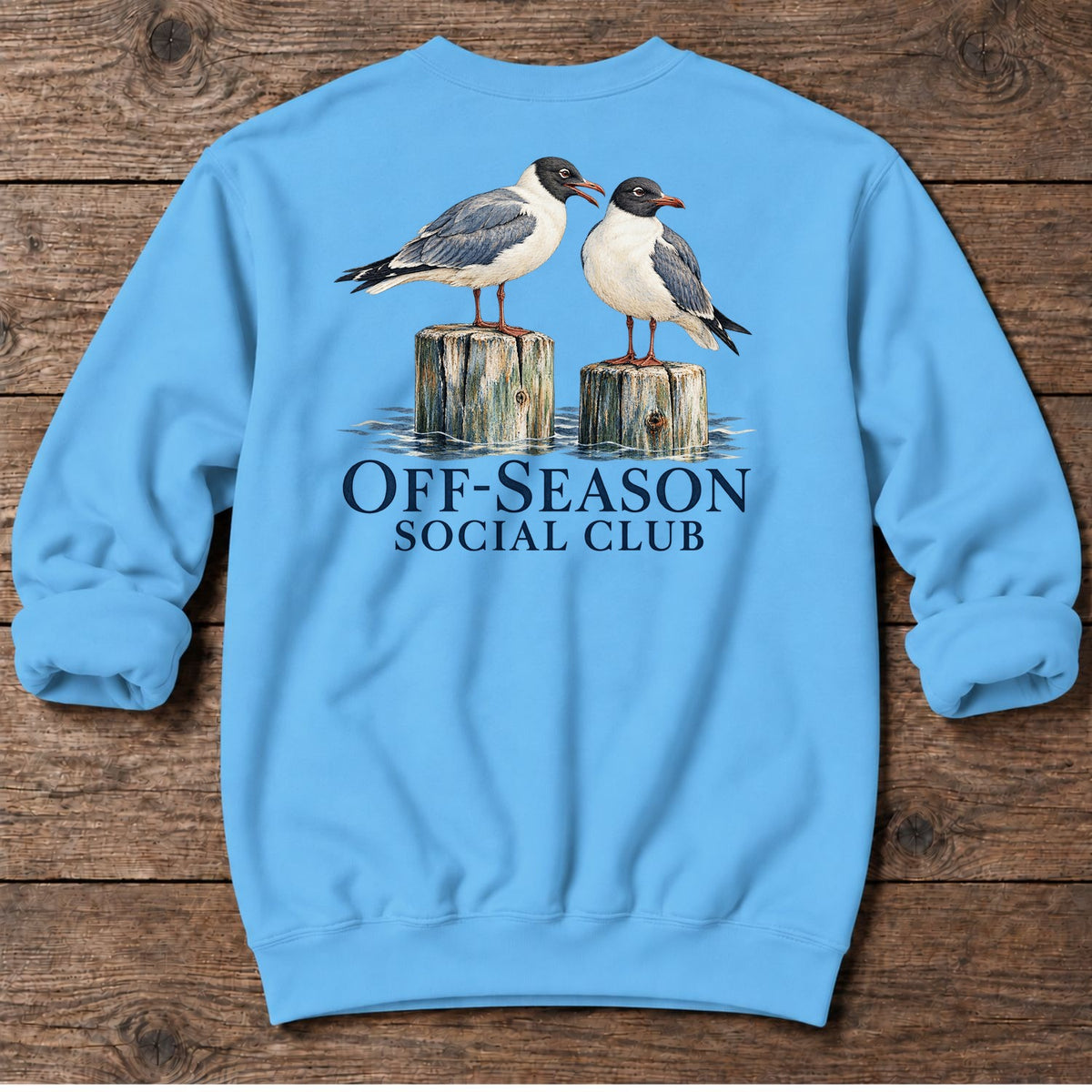 Off-Season Social Club Gulls Back Design Midweight Sweatshirt in Sky, Salty Paws coastal sweatshirt