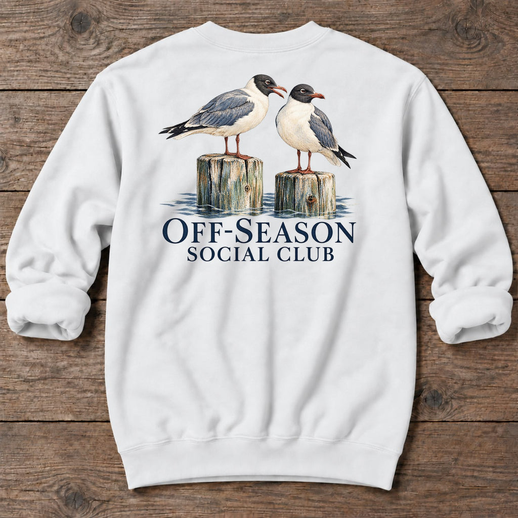 Off-Season Social Club Gulls Back Design Midweight Sweatshirt in White, Salty Paws coastal sweatshirt